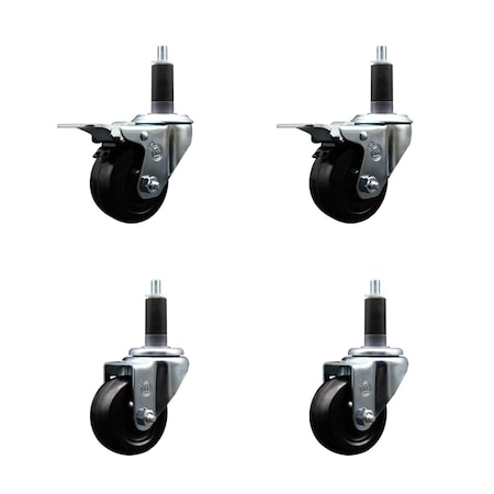 Service Caster 3'' SS Soft Rubber Swivel 1-1/8'' Expanding Stem Caster Set 2 Total Lock Brakes, 4PK SCC-SSEXTTL20S314-SRS-2-S-2-118